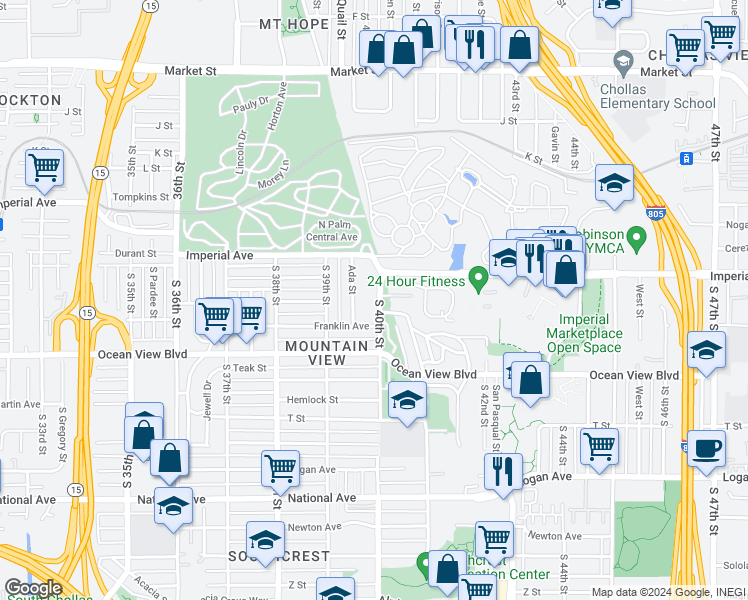 map of restaurants, bars, coffee shops, grocery stores, and more near 292 South 40th Street in San Diego