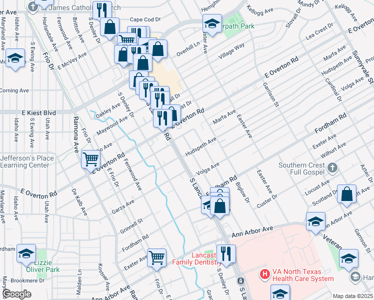 map of restaurants, bars, coffee shops, grocery stores, and more near 3740 South Lancaster Road in Dallas