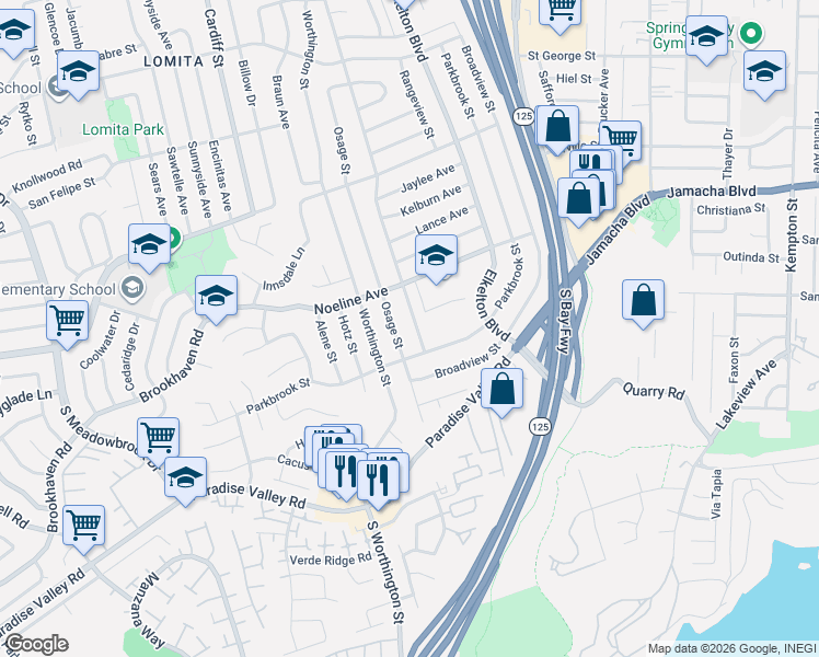 map of restaurants, bars, coffee shops, grocery stores, and more near 523 Carlsbad Street in Spring Valley