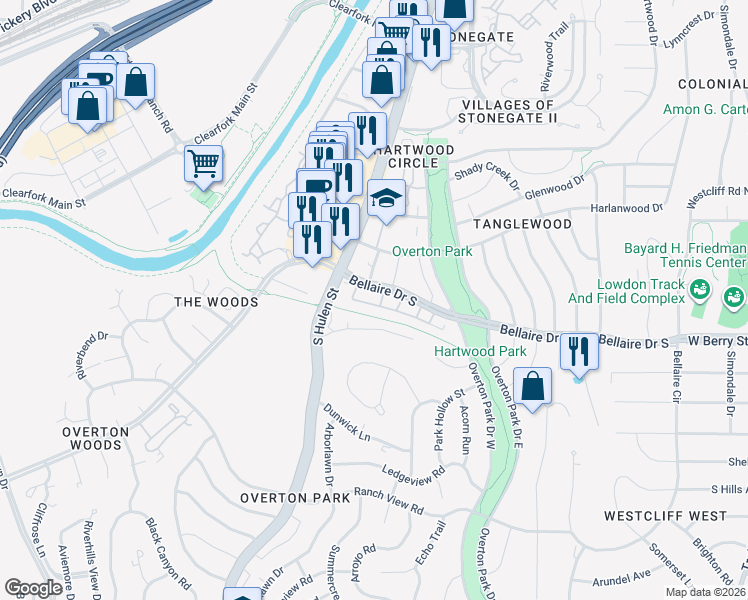 map of restaurants, bars, coffee shops, grocery stores, and more near 4409 Bellaire Drive South in Fort Worth