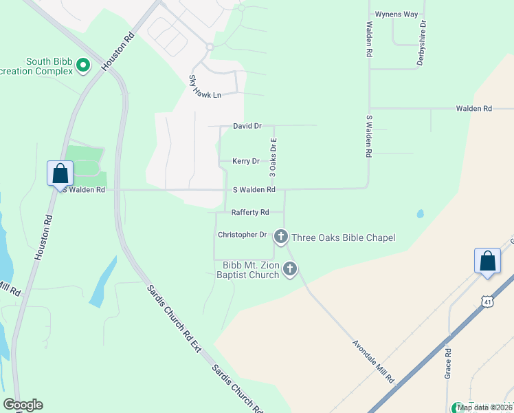 map of restaurants, bars, coffee shops, grocery stores, and more near 3651 Rafferty Road in Macon