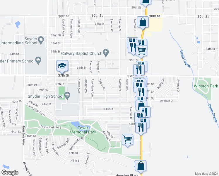 map of restaurants, bars, coffee shops, grocery stores, and more near 3773 Highland Drive in Snyder