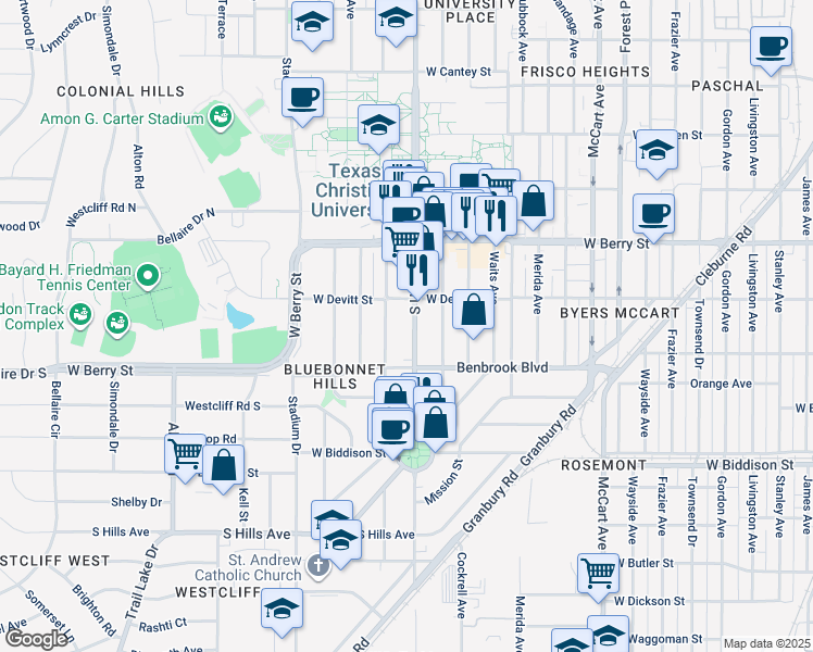 map of restaurants, bars, coffee shops, grocery stores, and more near 3220 South University Drive in Fort Worth