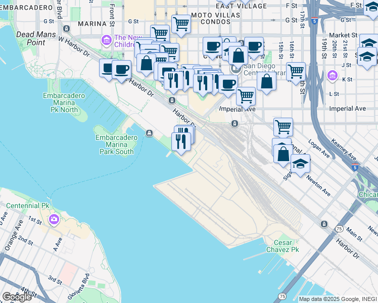 map of restaurants, bars, coffee shops, grocery stores, and more near 1 Park Boulevard in San Diego