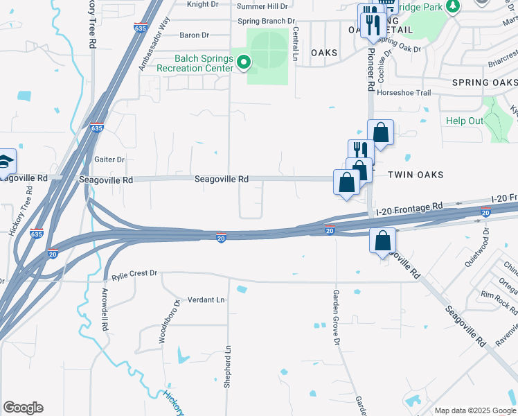 map of restaurants, bars, coffee shops, grocery stores, and more near 12428 Sparrow Court in Balch Springs