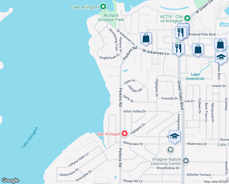 map of restaurants, bars, coffee shops, grocery stores, and more near 2600 Perkins Road in Arlington