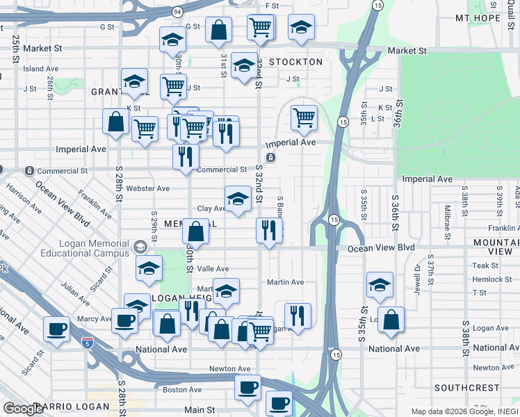 map of restaurants, bars, coffee shops, grocery stores, and more near South 32nd Street & Clay Avenue in San Diego