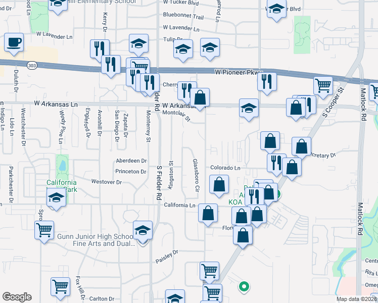 map of restaurants, bars, coffee shops, grocery stores, and more near 2515 Ashbury Drive in Arlington