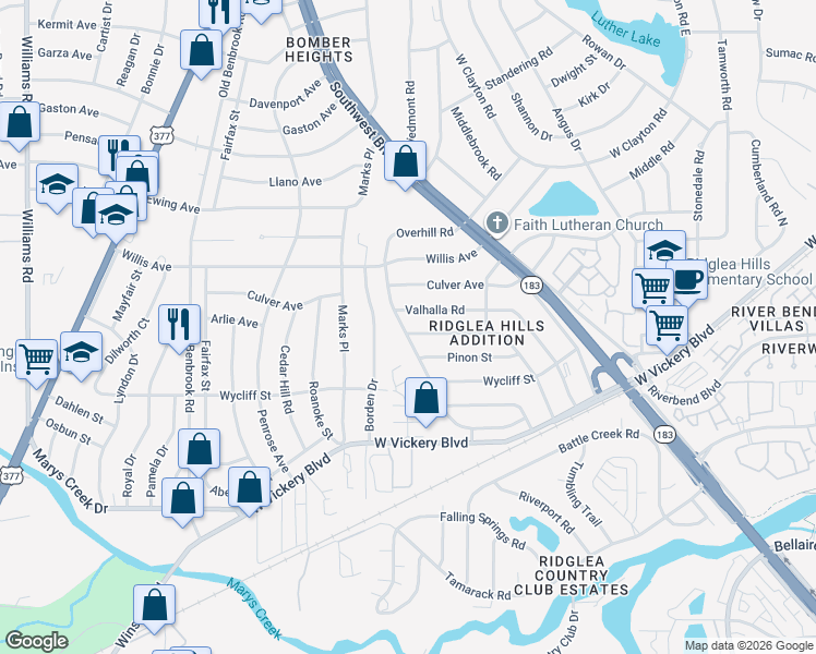 map of restaurants, bars, coffee shops, grocery stores, and more near 7233 Overhill Road in Fort Worth