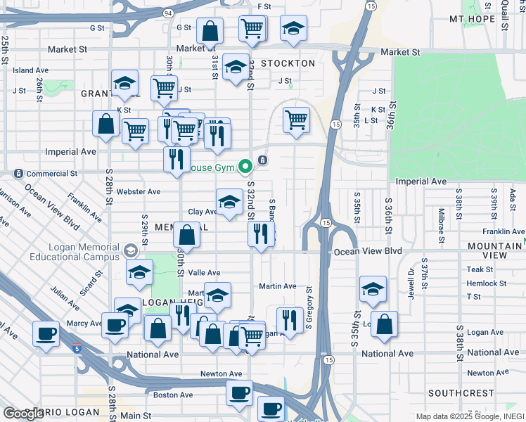 map of restaurants, bars, coffee shops, grocery stores, and more near 3227 Clay Avenue in San Diego