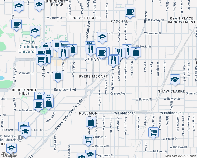 map of restaurants, bars, coffee shops, grocery stores, and more near 2329 Benbrook Boulevard in Fort Worth