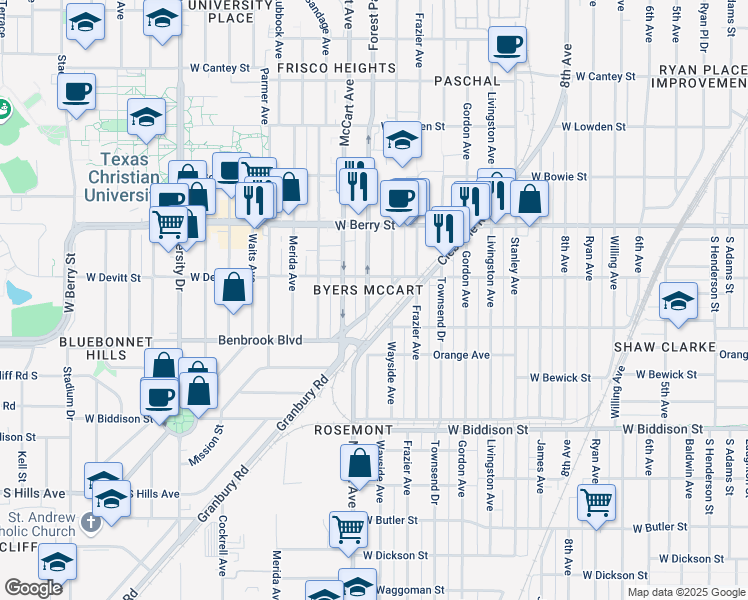 map of restaurants, bars, coffee shops, grocery stores, and more near 2329 Benbrook Boulevard in Fort Worth