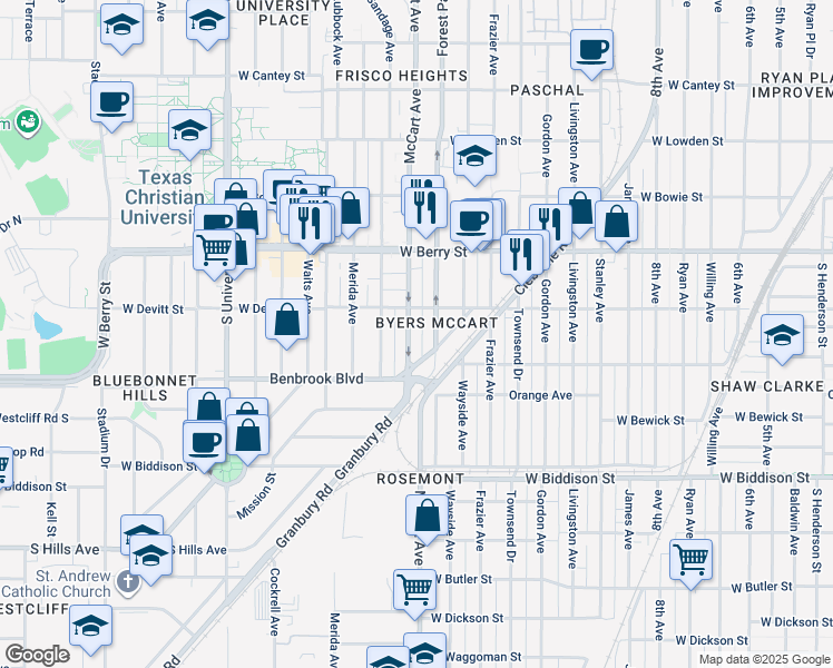 map of restaurants, bars, coffee shops, grocery stores, and more near in Fort Worth