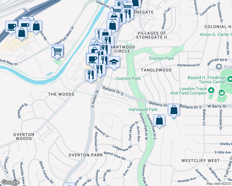 map of restaurants, bars, coffee shops, grocery stores, and more near 4407 Bellaire Drive South in Fort Worth