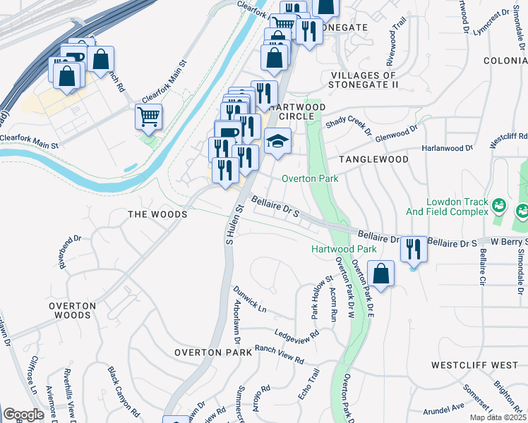 map of restaurants, bars, coffee shops, grocery stores, and more near 4407 Bellaire Drive South in Fort Worth