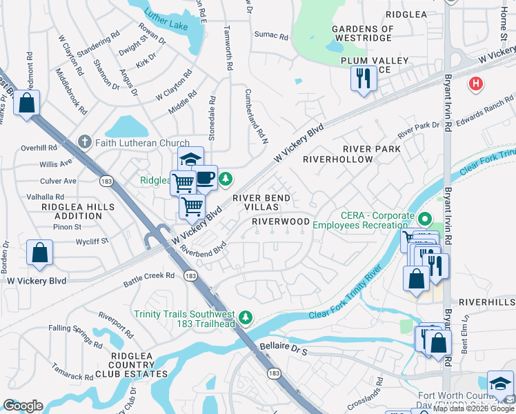 map of restaurants, bars, coffee shops, grocery stores, and more near 3241 Rosemeade Drive in Fort Worth