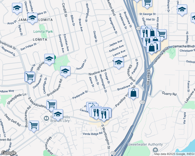 map of restaurants, bars, coffee shops, grocery stores, and more near 555 Hotz Street in Spring Valley