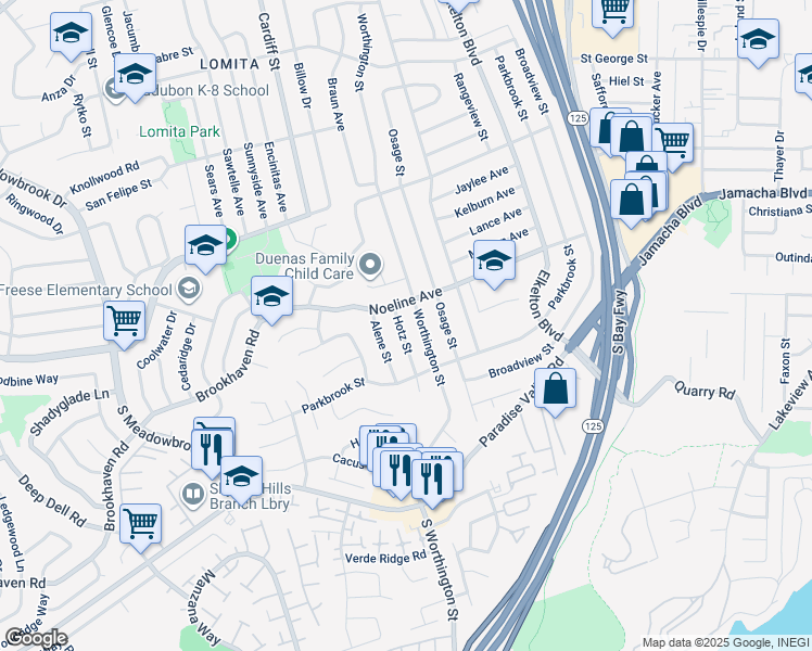 map of restaurants, bars, coffee shops, grocery stores, and more near 555 Hotz Street in Spring Valley