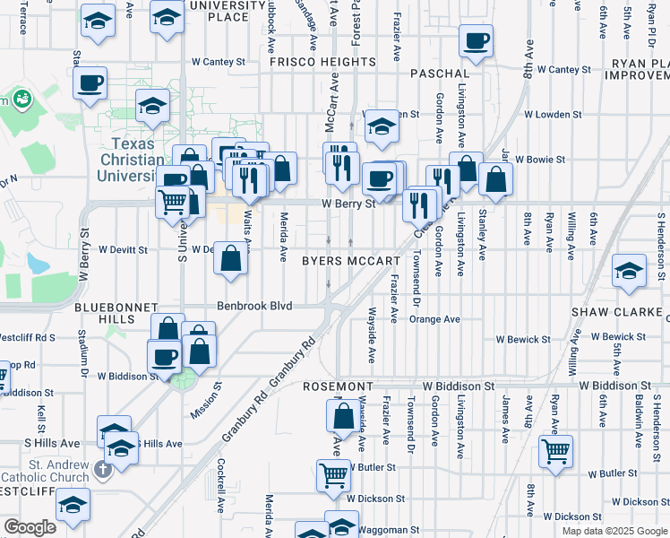 map of restaurants, bars, coffee shops, grocery stores, and more near in Fort Worth
