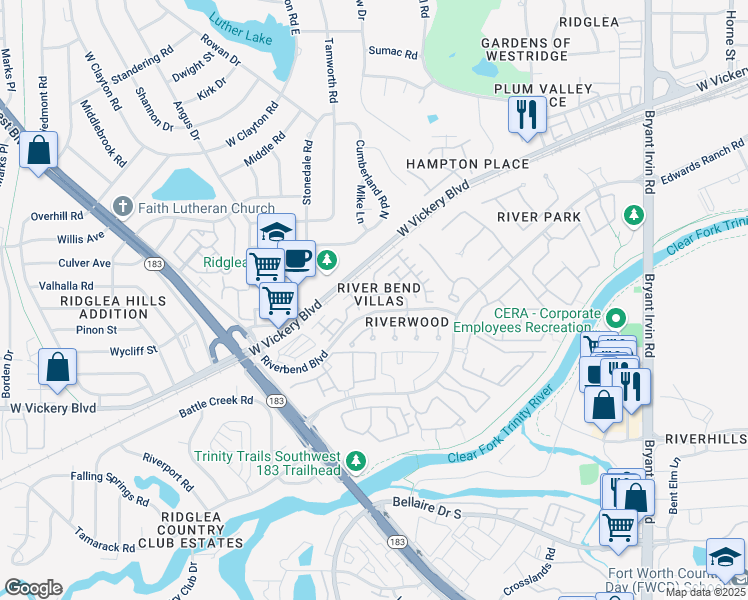 map of restaurants, bars, coffee shops, grocery stores, and more near 3241 Rosemeade Drive in Fort Worth