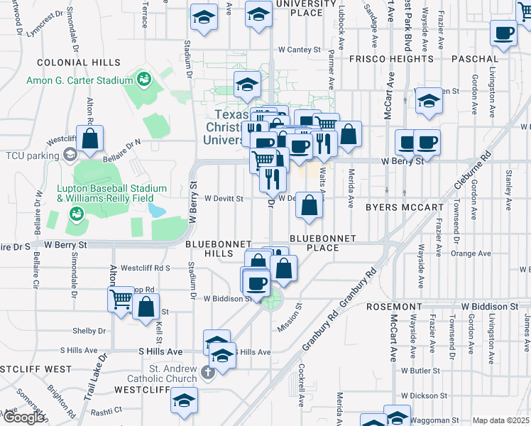map of restaurants, bars, coffee shops, grocery stores, and more near 3216 South University Drive in Fort Worth