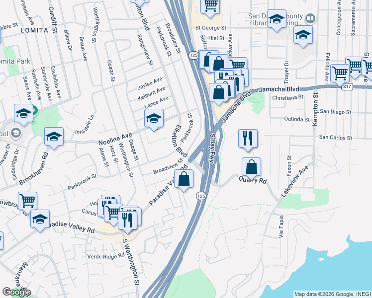 map of restaurants, bars, coffee shops, grocery stores, and more near 506 Broadview Street in Spring Valley
