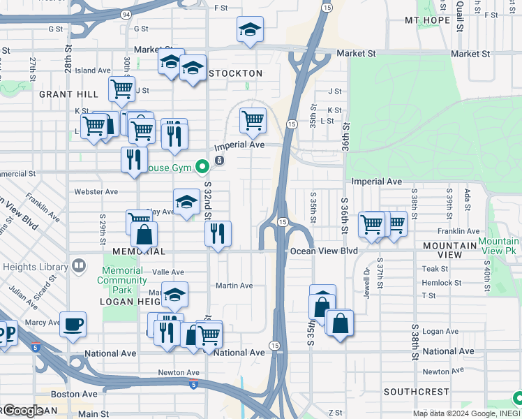 map of restaurants, bars, coffee shops, grocery stores, and more near 262 South Gregory Street in San Diego