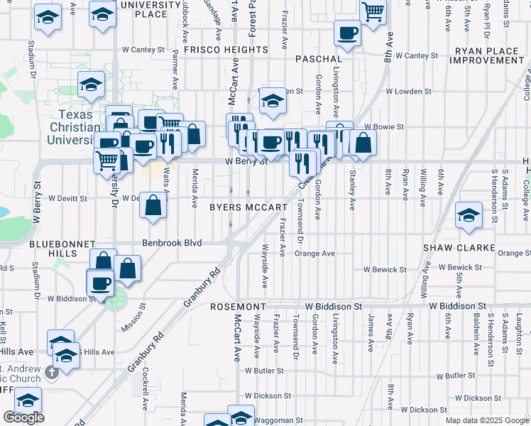 map of restaurants, bars, coffee shops, grocery stores, and more near 2329 Benbrook Boulevard in Fort Worth