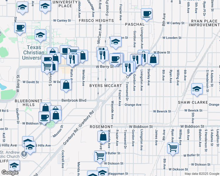 map of restaurants, bars, coffee shops, grocery stores, and more near 2329 Benbrook Boulevard in Fort Worth