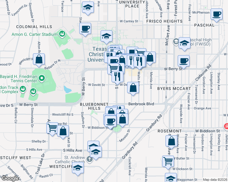map of restaurants, bars, coffee shops, grocery stores, and more near 3228 South University Drive in Fort Worth