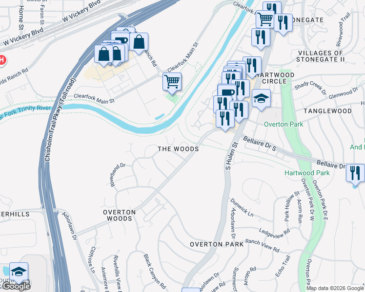 map of restaurants, bars, coffee shops, grocery stores, and more near 4720 Trail Bend Circle in Fort Worth