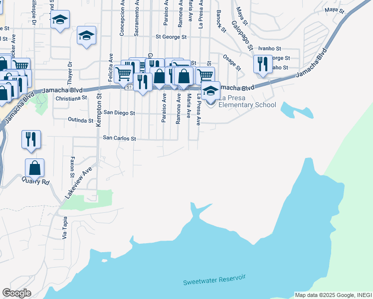 map of restaurants, bars, coffee shops, grocery stores, and more near 9489 Avenida Acero in Spring Valley