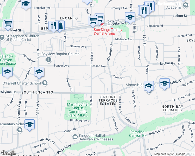 map of restaurants, bars, coffee shops, grocery stores, and more near 6521 Cielo Drive in San Diego