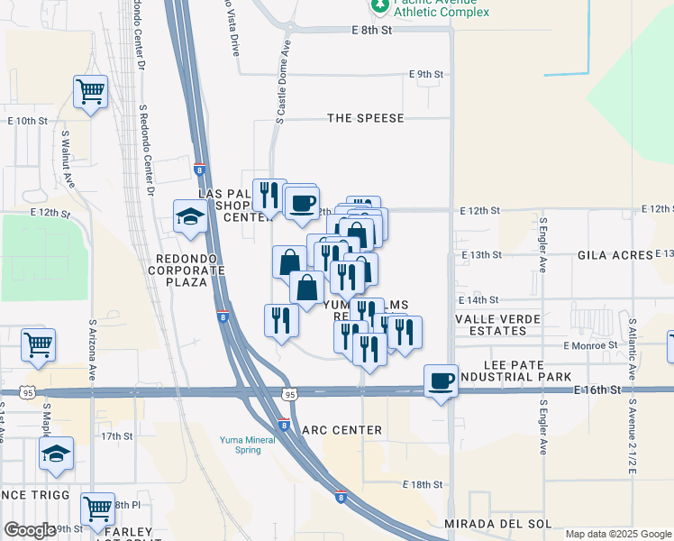 map of restaurants, bars, coffee shops, grocery stores, and more near 1305 South YUMA PALMS Parkway in Yuma