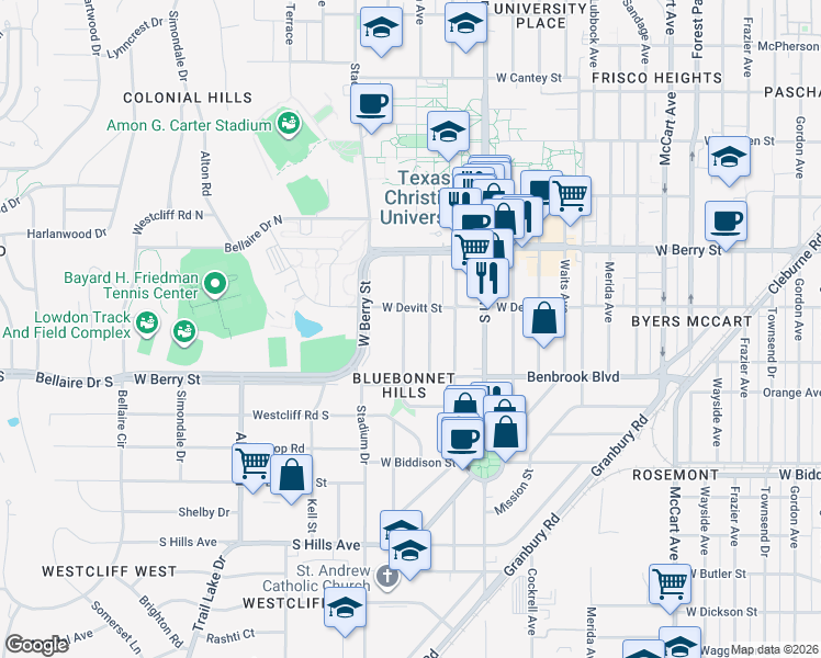map of restaurants, bars, coffee shops, grocery stores, and more near 3235 Odessa Avenue in Fort Worth