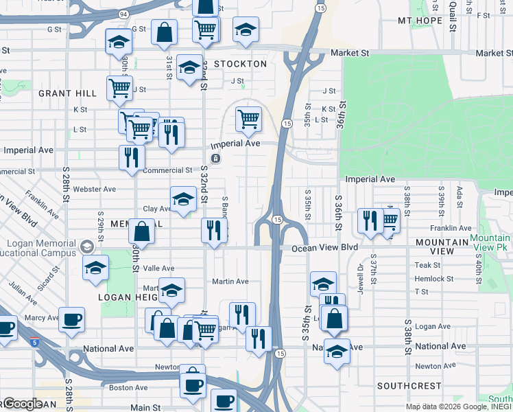 map of restaurants, bars, coffee shops, grocery stores, and more near 262 South Gregory Street in San Diego