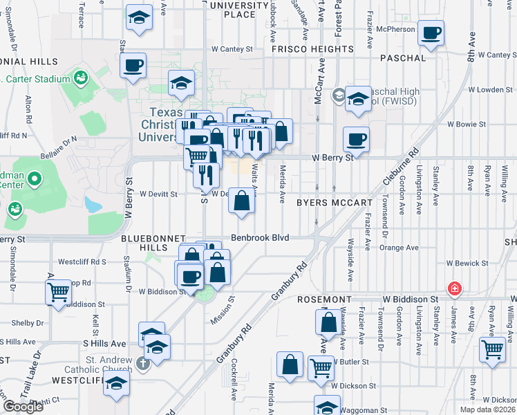 map of restaurants, bars, coffee shops, grocery stores, and more near 3228 Waits Avenue in Fort Worth