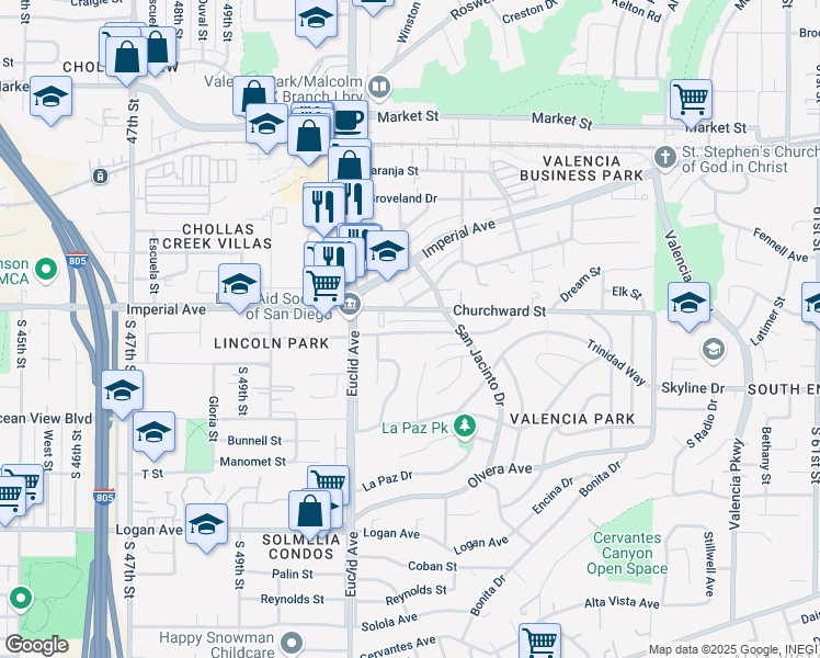 map of restaurants, bars, coffee shops, grocery stores, and more near 5211 Manzanares Way in San Diego