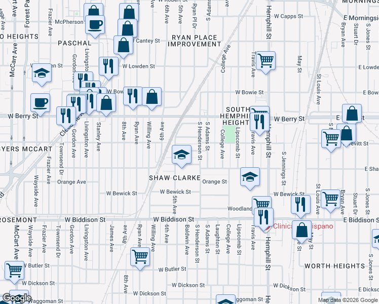 map of restaurants, bars, coffee shops, grocery stores, and more near 1217 Lowe Street in Fort Worth
