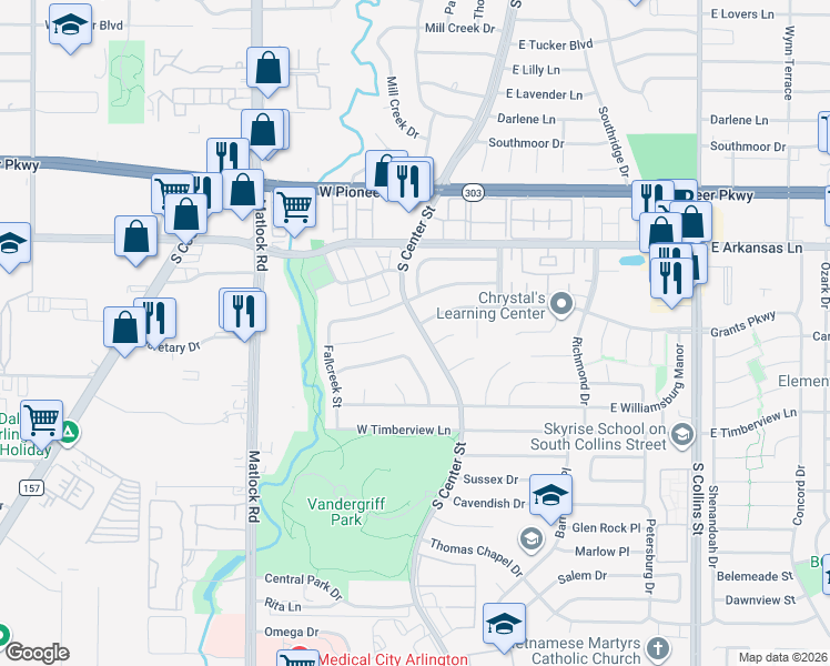 map of restaurants, bars, coffee shops, grocery stores, and more near 2508 South Center Street in Arlington