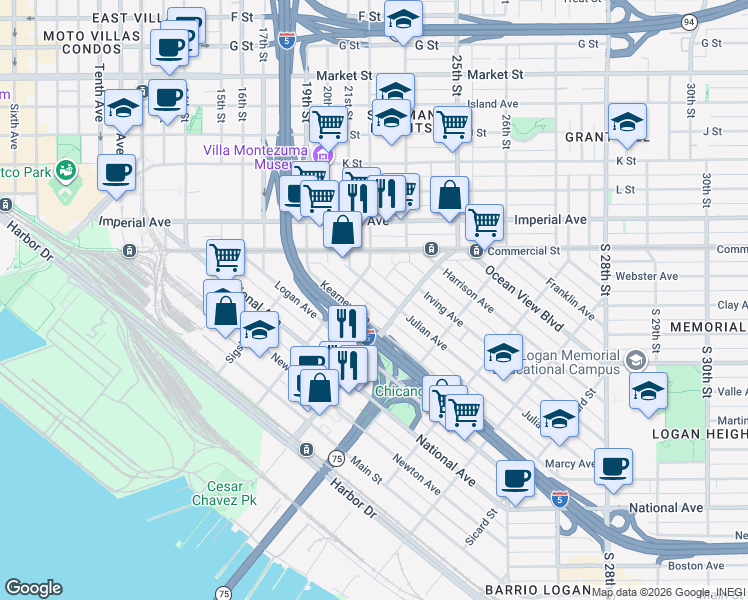 map of restaurants, bars, coffee shops, grocery stores, and more near 1845-47 Julian Avenue in San Diego