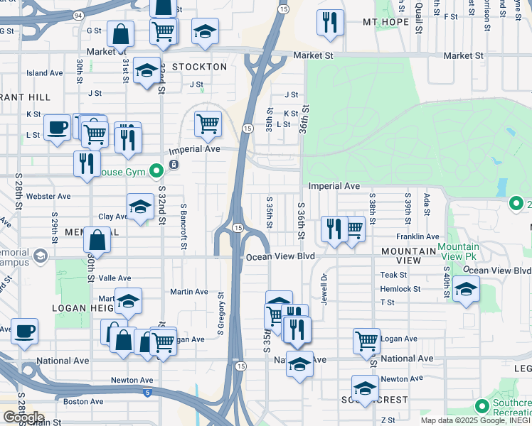 map of restaurants, bars, coffee shops, grocery stores, and more near 304 South 35th Street in San Diego