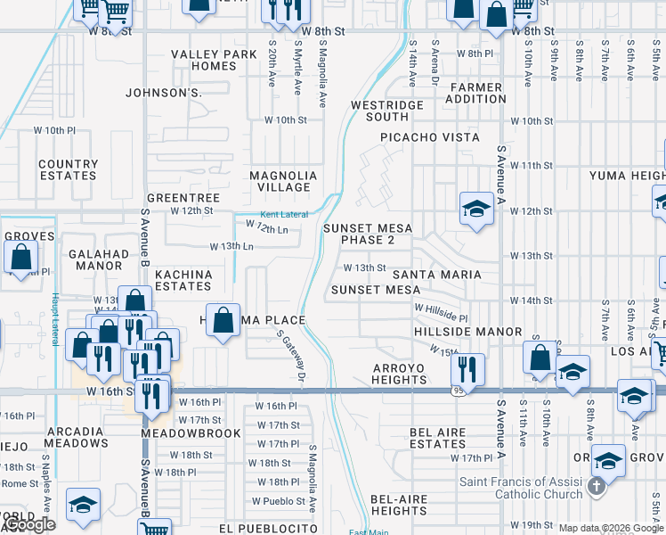 map of restaurants, bars, coffee shops, grocery stores, and more near 1302 South Sunset Drive in Yuma