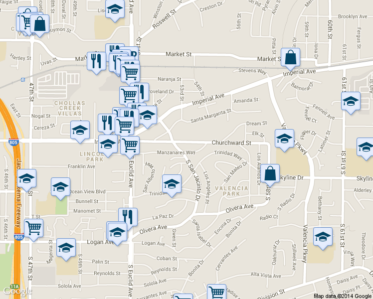 map of restaurants, bars, coffee shops, grocery stores, and more near 5280 San Jacinto Place in San Diego