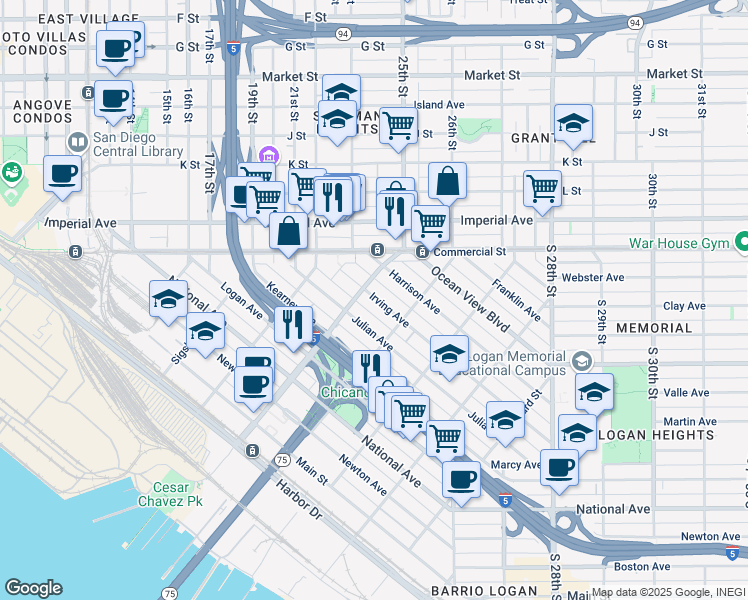 map of restaurants, bars, coffee shops, grocery stores, and more near 1963 Irving Avenue in San Diego