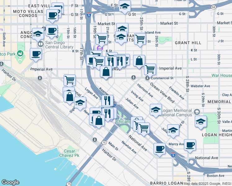 map of restaurants, bars, coffee shops, grocery stores, and more near 1862 Kearney Avenue in San Diego