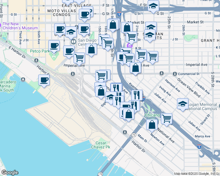 map of restaurants, bars, coffee shops, grocery stores, and more near 1668 National Avenue in San Diego