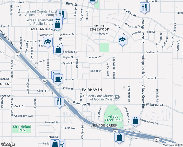 map of restaurants, bars, coffee shops, grocery stores, and more near 4413 Hardeman Street in Fort Worth