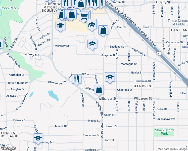 map of restaurants, bars, coffee shops, grocery stores, and more near 4109 Jackson Street in Fort Worth
