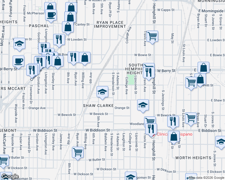 map of restaurants, bars, coffee shops, grocery stores, and more near 1208 West Shaw Street in Fort Worth